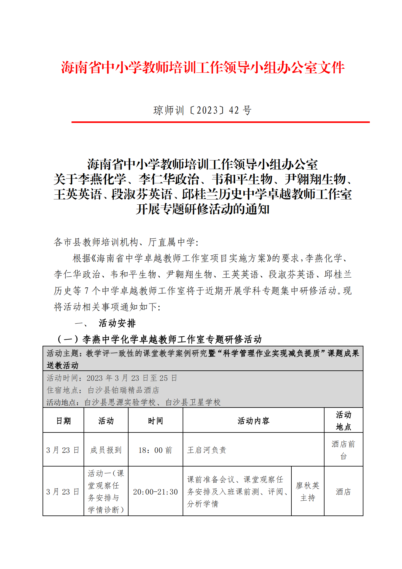 关于李燕 李仁华 韦和平 尹翱翔 王英 段淑芬 邱桂兰中学工作室开展专题研修活动的通知