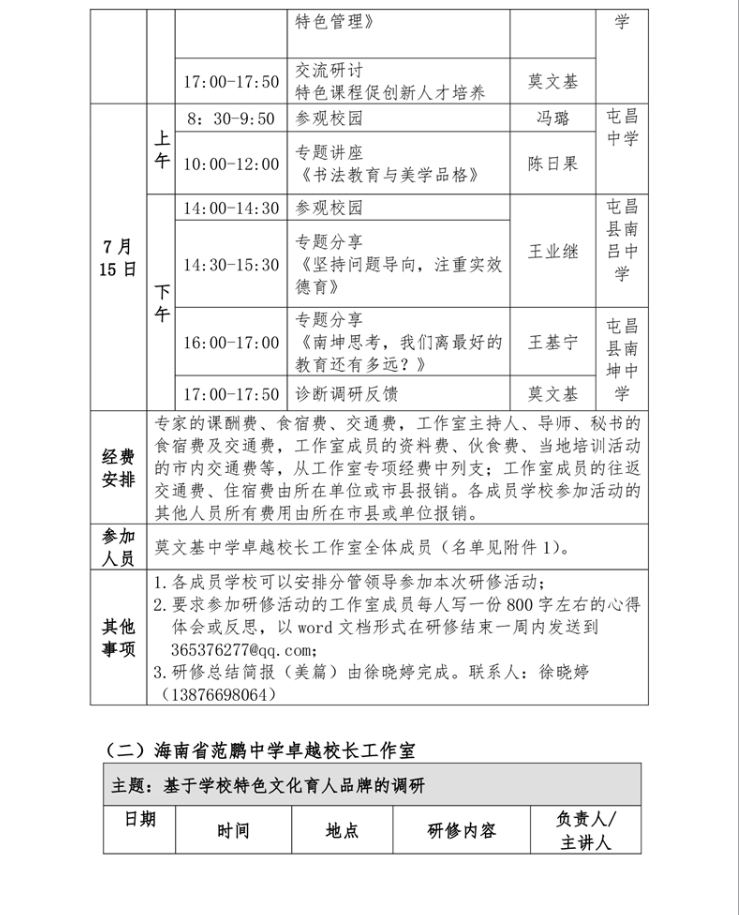 关于莫文基、范鹏、包瑞卓越校长，韦淼、姜苏清班主任工作室开展专题研修活动的通知