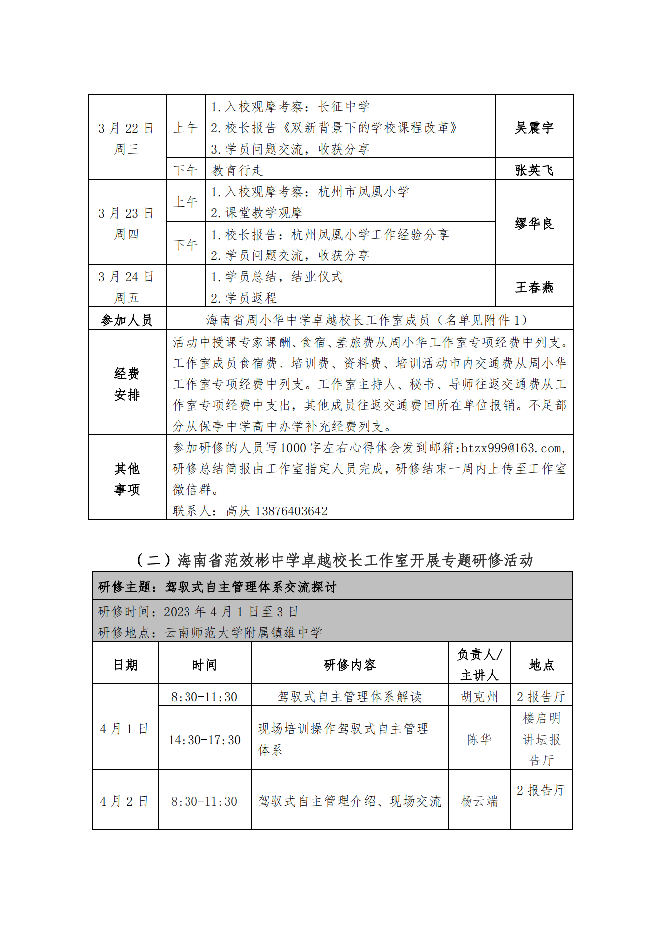关于周小华和范效彬中学卓越校长工作室开展专题研修活动的通知