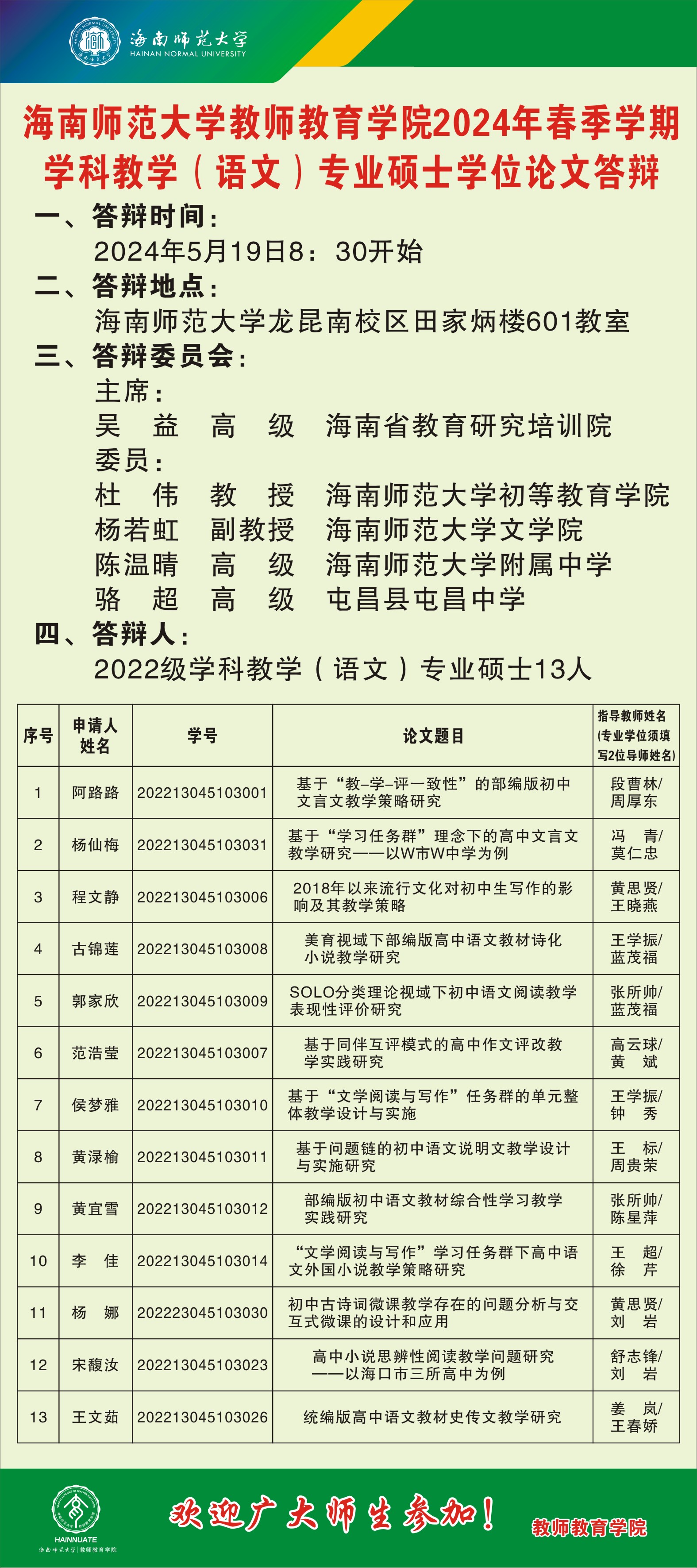 我院2022级学科教学（语文）硕士研究生学位论文答辩会