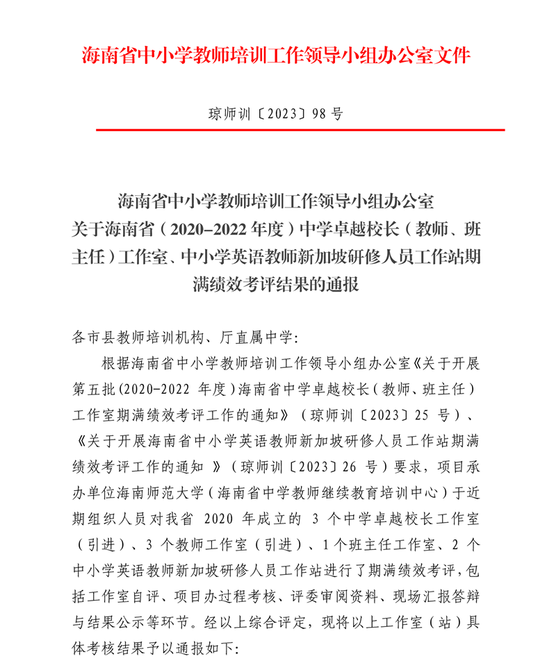 关于海南省中学卓越校长工作室、中小学英语教师新加坡研修人员工作站期满绩效考评通报