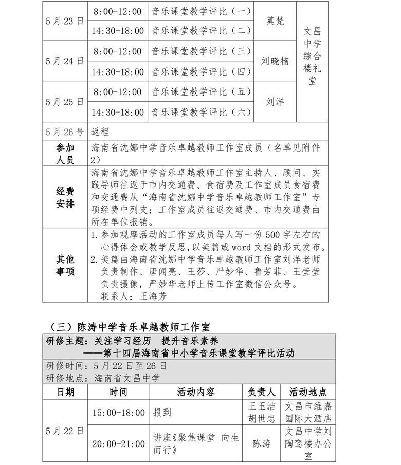 关于中学卓越教师强枭雄历史、沈娜音乐、陈涛音乐等工作室开展专题研修活动的通知
