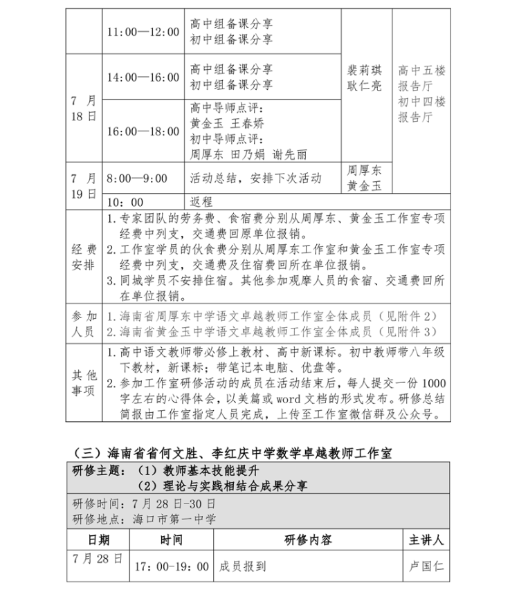 关于中学语文谭献雪等，数学何文胜、李红庆卓越教师工作室开展专题研修活动的通知