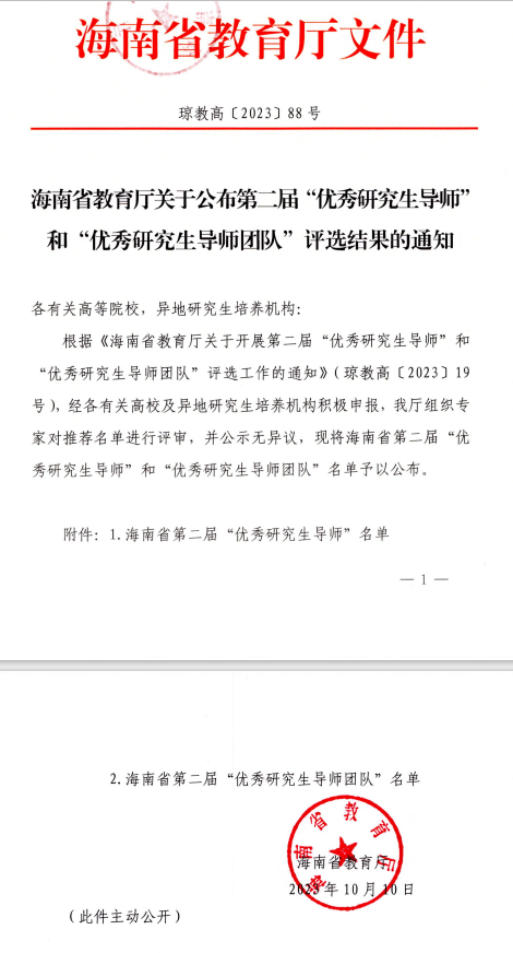 我院院长孙自强教授导师团队荣获海南省第二届“优秀研究生导师团队”称号
